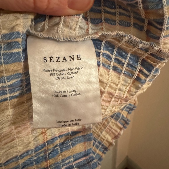 Faux wrap dress with smocked skirt. Beige / blue plaid. Sézane, FR 36. Worn once - Picture 5 of 8